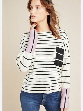 EUC Anthropologie Faye Striped Sweater color block lilac navy blue cream